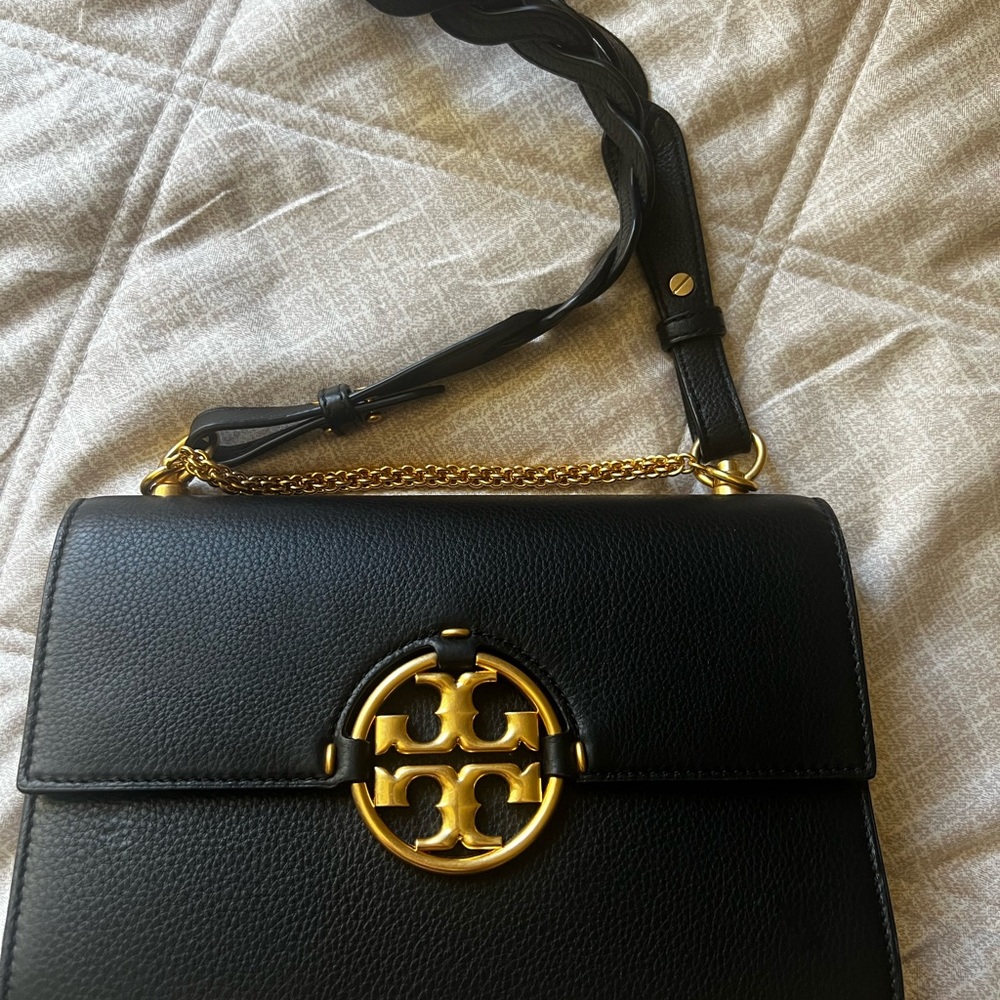 Tory Burch Black and Gold Shoulder Bag with Logo Medallion